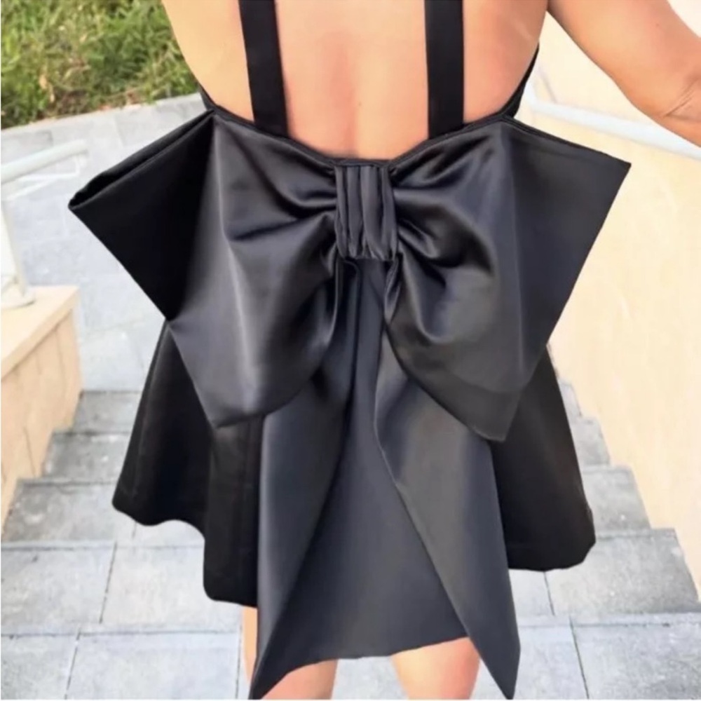 Zara BOW TRIM VOLUMINOUS SATIN EFFECT MINI DRESS